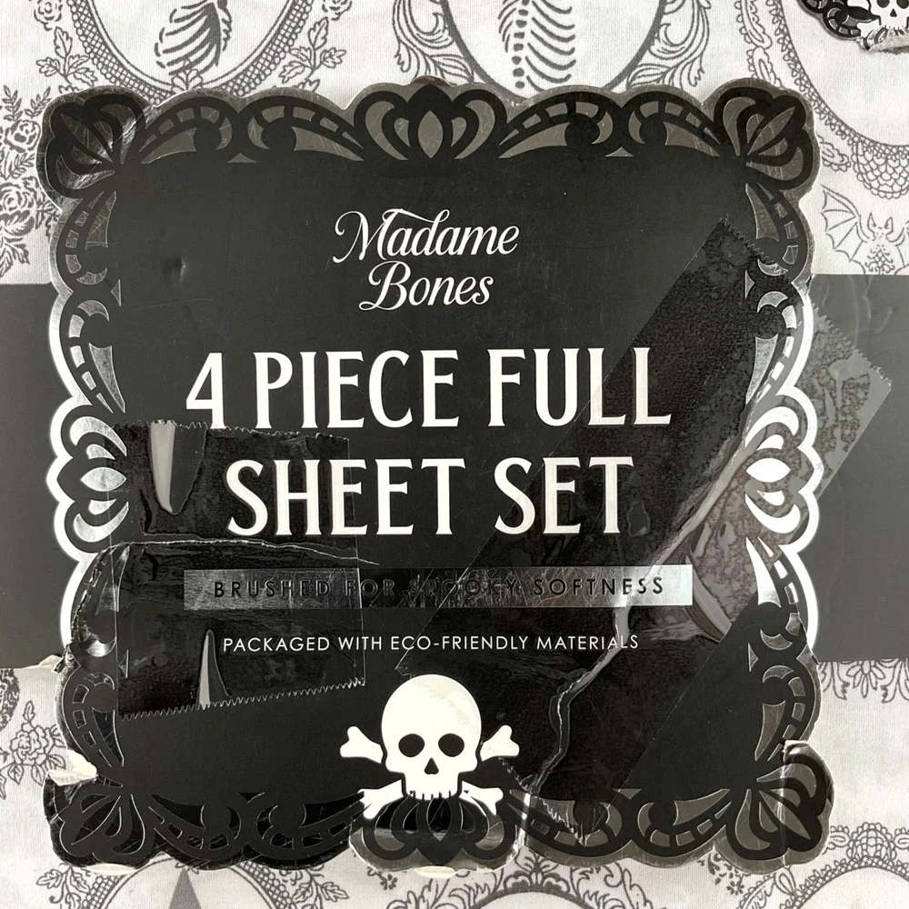 Madame Bones Halloween Full Sheet Set 4pc Gothic Skeleton Cat Cameo White Black